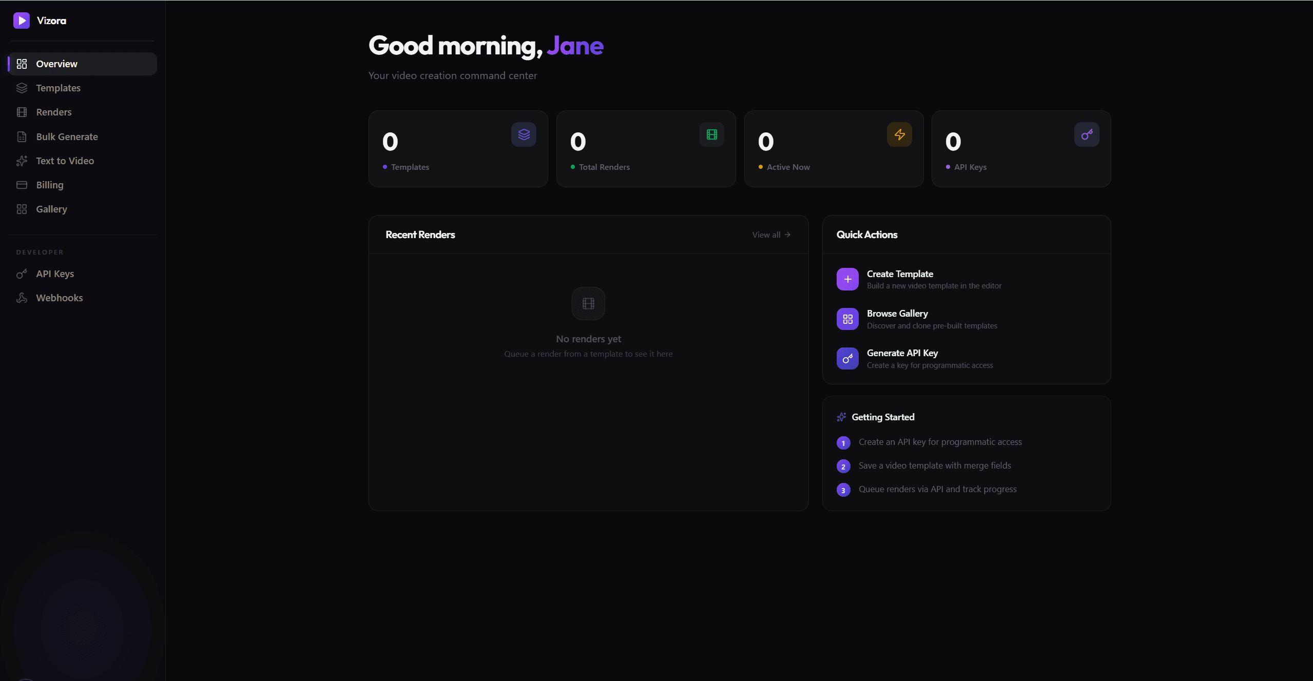Vizora Dashboard — stats, renders, and quick actions
